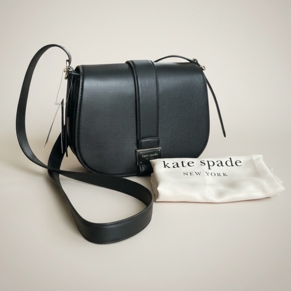 Kate Spade Black Leather Saddle Crossbody Bag NWT Gold Hardware Dust Bag Classic - Picture 4 of 17